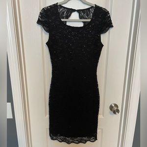 Open back black lace sequin mini dress